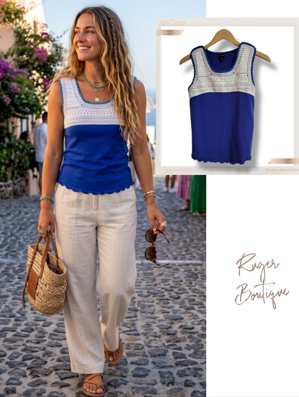 🌿Art Class Blue Crochet Bodice Sleeveless Top Boho Youth XL 14/16 Women’s Small